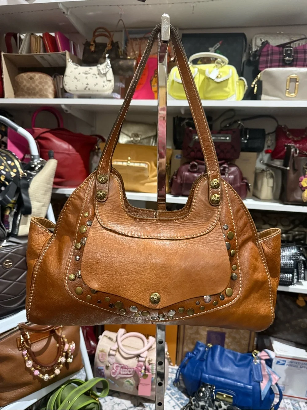Patricia Nash Studded Leather Shoulder Bag in Cognac Brown